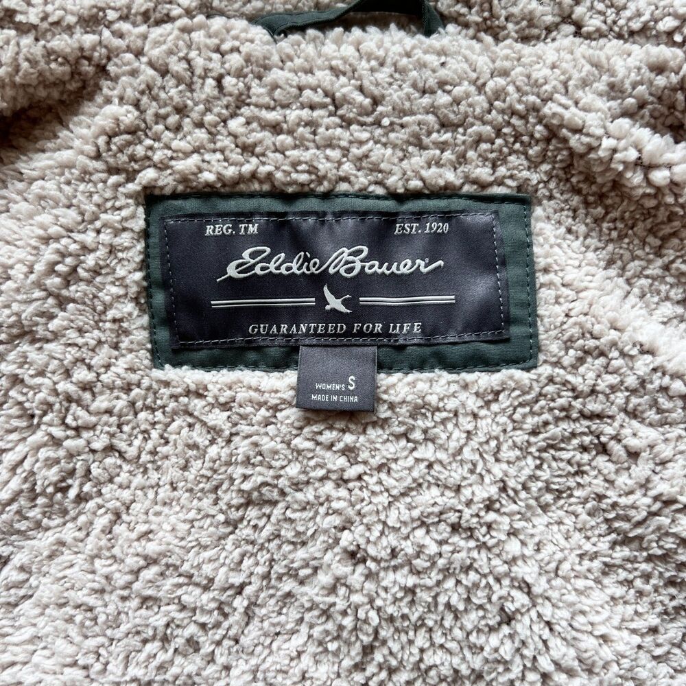 Eddie Bauer Quilted Vest Women's S Olive Faux Fur Hood Sherpa Lined - Picture 5 of 10